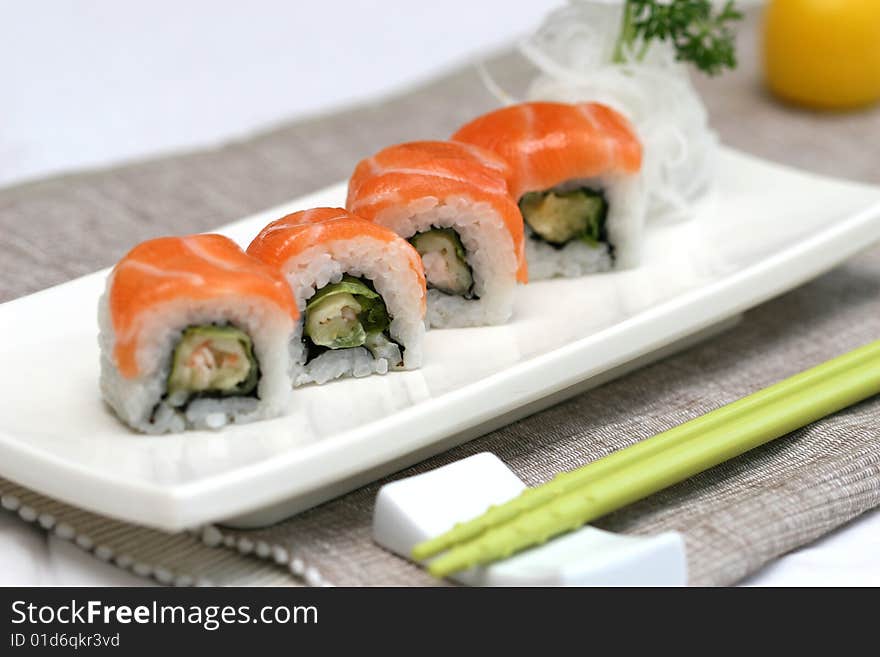 Prepared and delicious sushi taken in studio