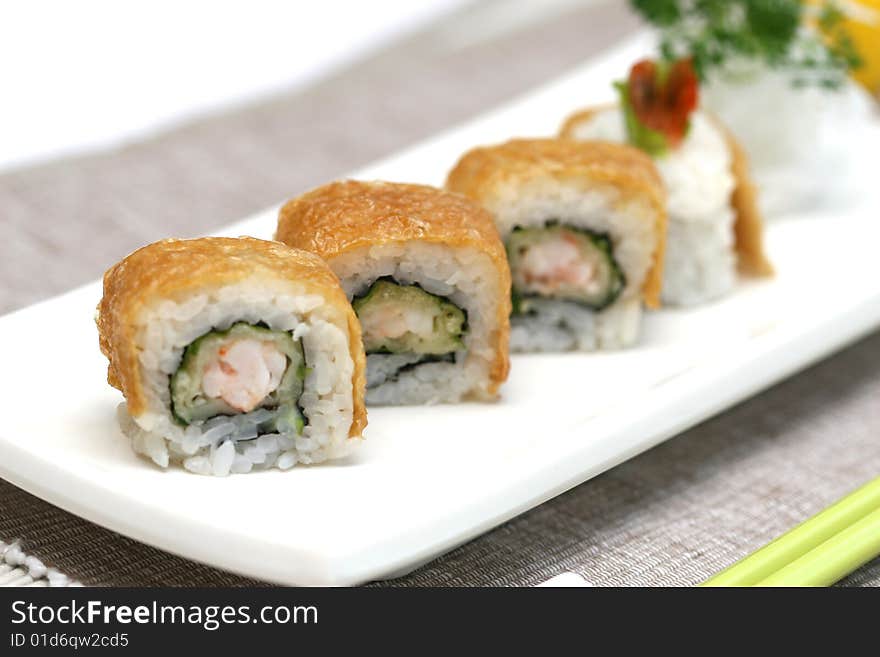 Prepared and delicious japanese sushi taken in studio. Prepared and delicious japanese sushi taken in studio