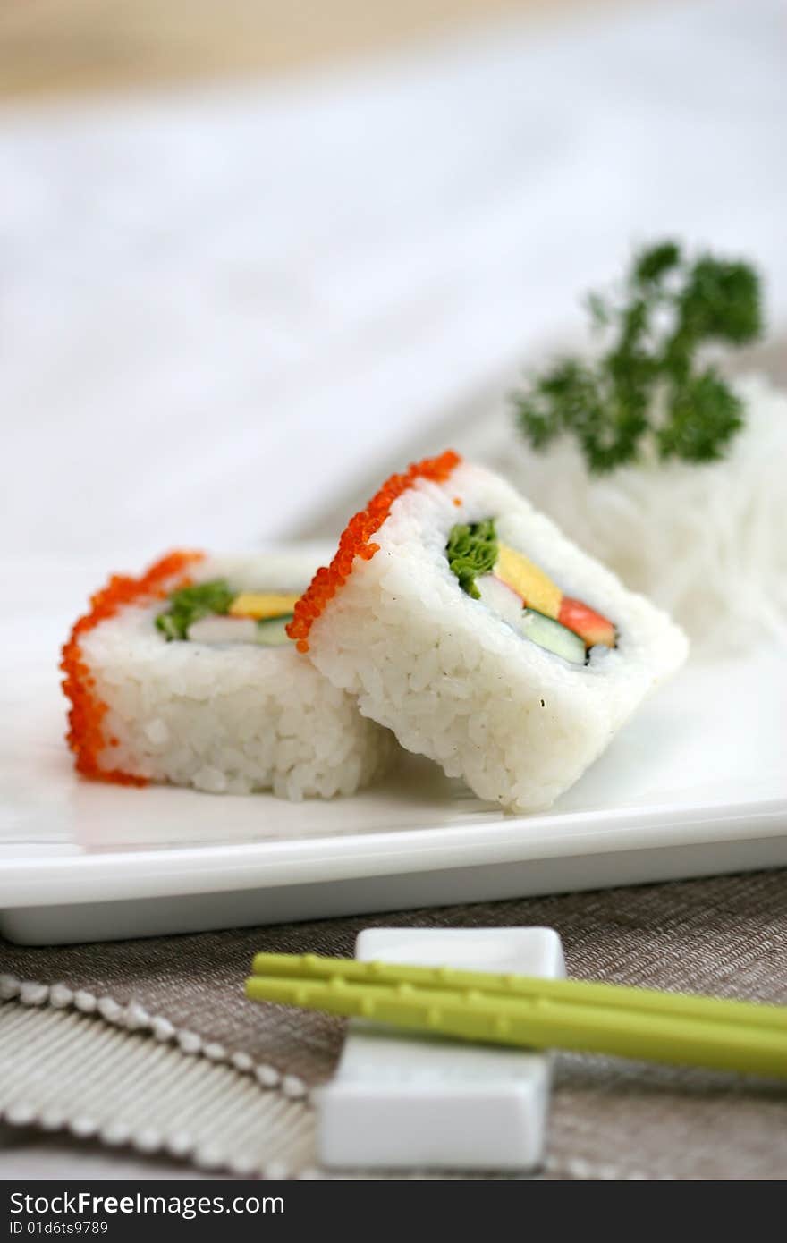 Prepared and delicious japanese sushi taken in studio. Prepared and delicious japanese sushi taken in studio