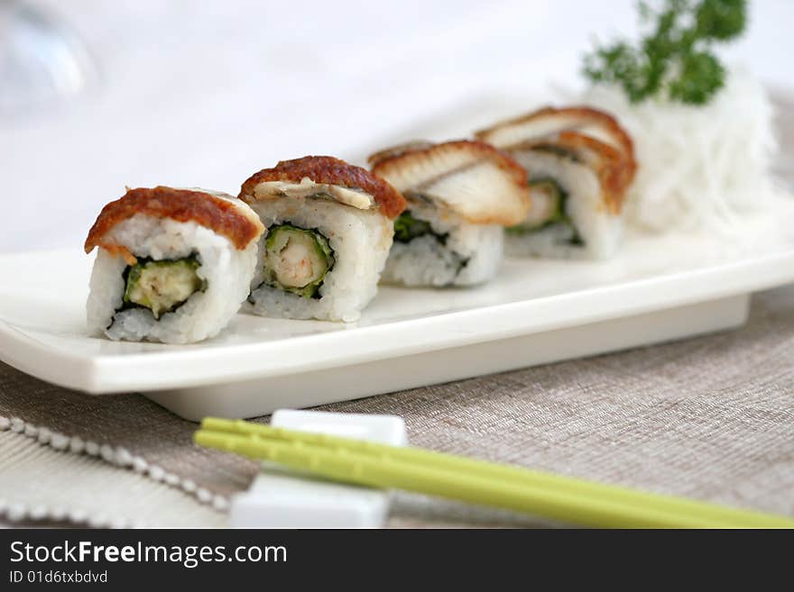 Prepared and delicious japanese sushi taken in studio. Prepared and delicious japanese sushi taken in studio