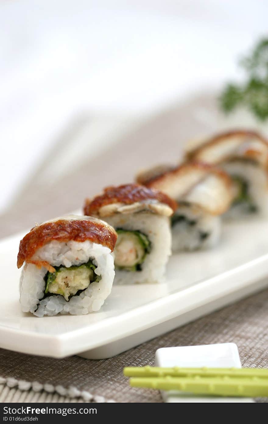 Prepared and delicious japanese sushi taken in studio. Prepared and delicious japanese sushi taken in studio