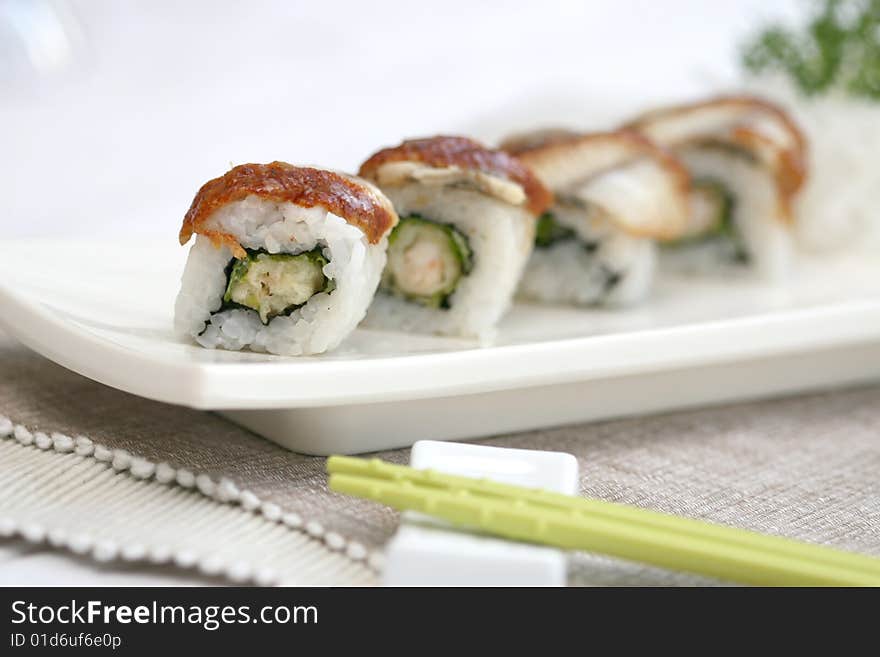 Prepared and delicious sushi taken in studio