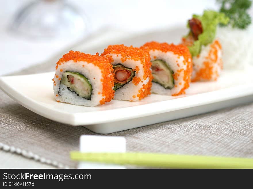 Prepared and delicious japanese sushi taken in studio. Prepared and delicious japanese sushi taken in studio