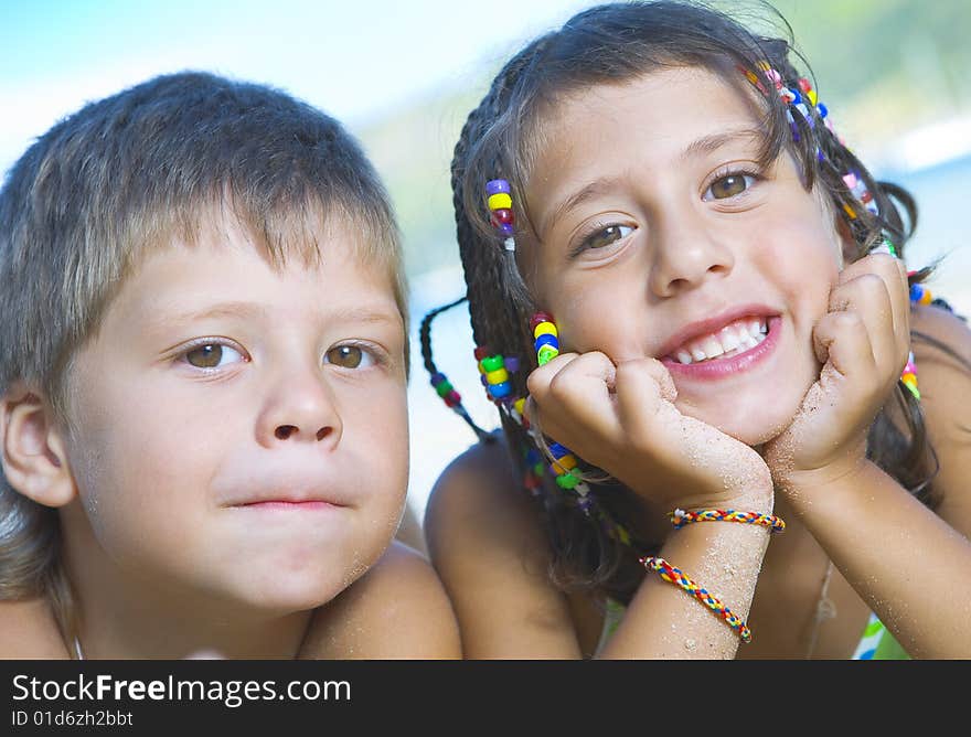 Portrait of little kids having good time in summer environment. Portrait of little kids having good time in summer environment