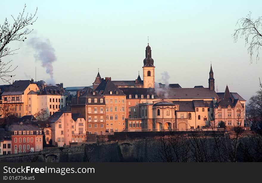 Shot of Luxembourgs old city showing various churches and the Notre Dame cathedral. Shot of Luxembourgs old city showing various churches and the Notre Dame cathedral