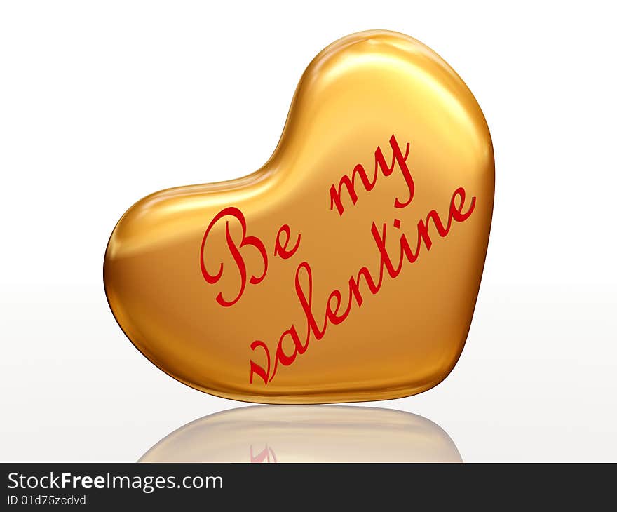 3d golden heart, red letters, text - Be my valentine, isolated. 3d golden heart, red letters, text - Be my valentine, isolated