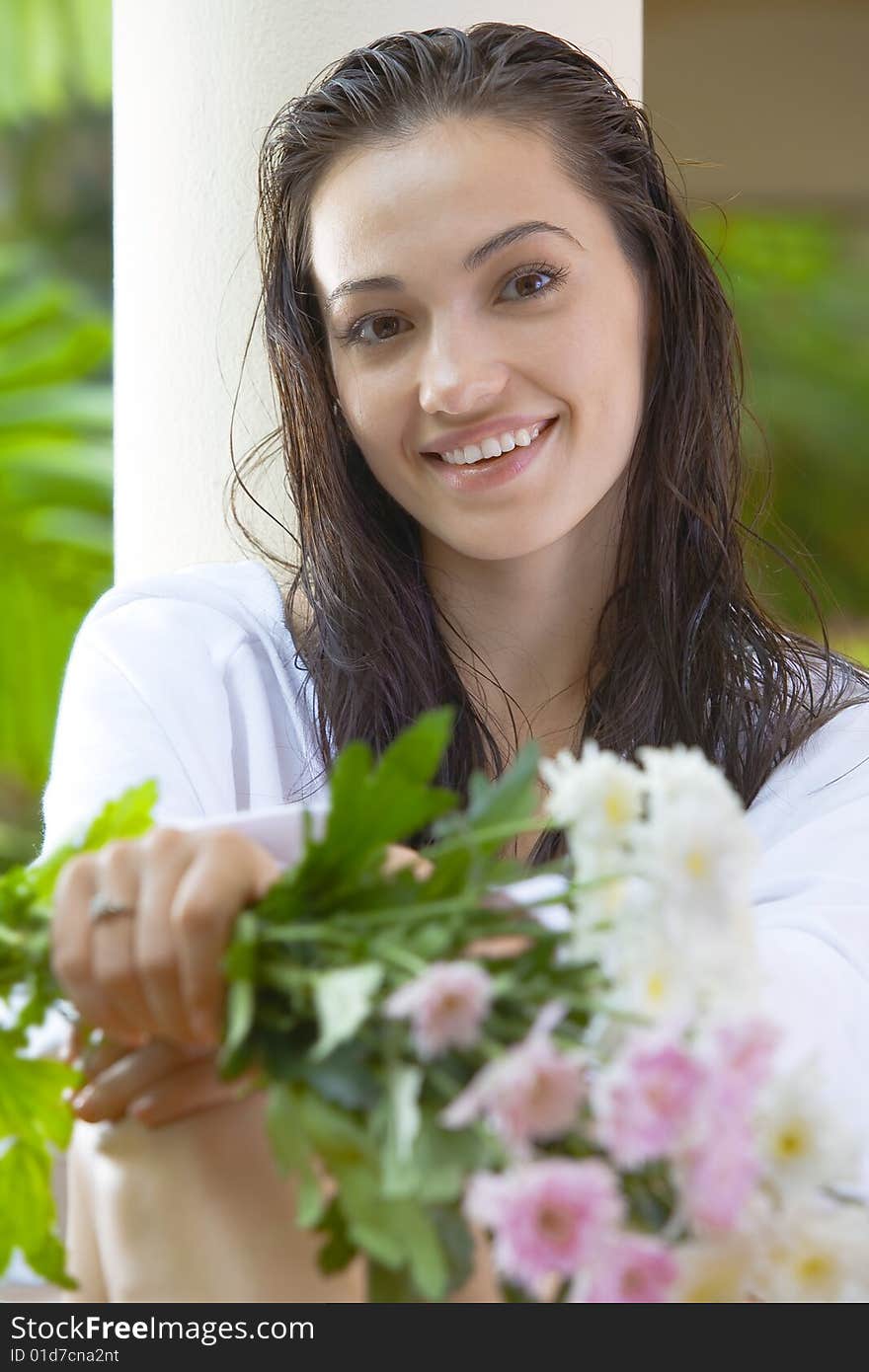 Portrait of young pretty woman in summer environment. Portrait of young pretty woman in summer environment