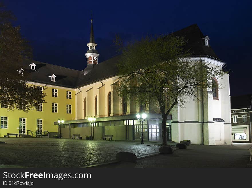 An old church in Bruggen, Germany, photographed at night.