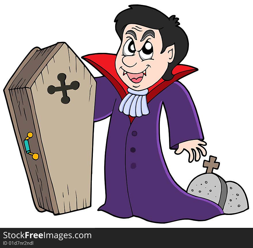 Vampire with coffin and graves - vector illustration.