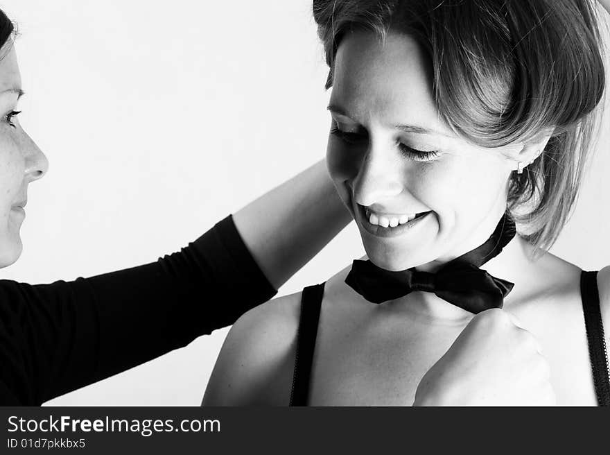 Portrait of beautiful smiling girl. Black and white classical photo