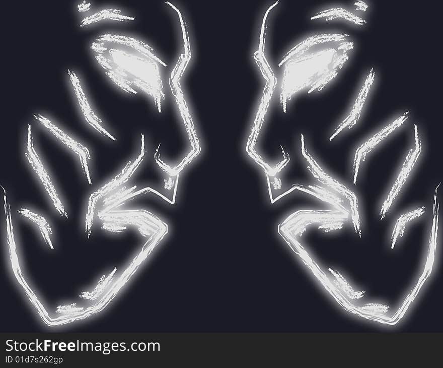 White glowing angry faces on black background. White glowing angry faces on black background