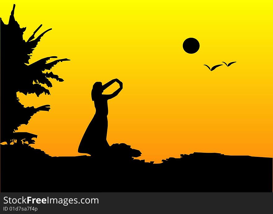 Fantasy of her holding her hands high, encompassing the earth silhouette. Fantasy of her holding her hands high, encompassing the earth silhouette..