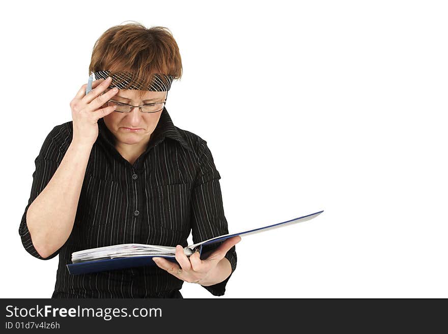 Lady in office reads some messages. Lady in office reads some messages