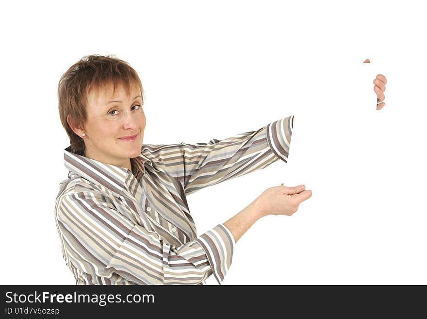 Lady holds empty paper on white background. Lady holds empty paper on white background