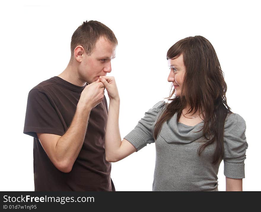 Young man and  young woman on the white background. Young man and  young woman on the white background