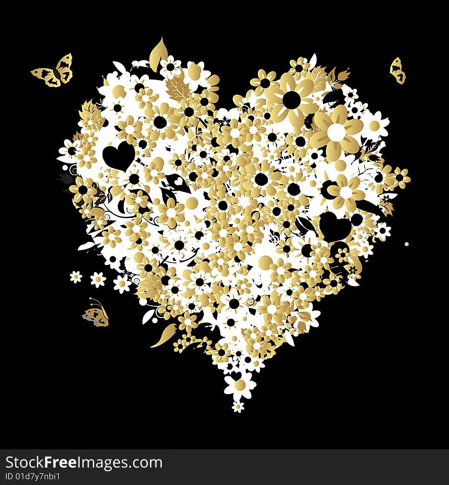 Floral heart shape for your design, vector illustration