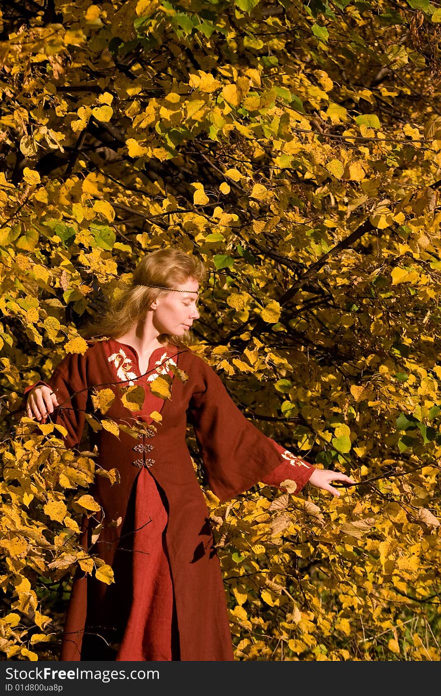 The blonde girl in medieval red dress in the autumn forest. The blonde girl in medieval red dress in the autumn forest