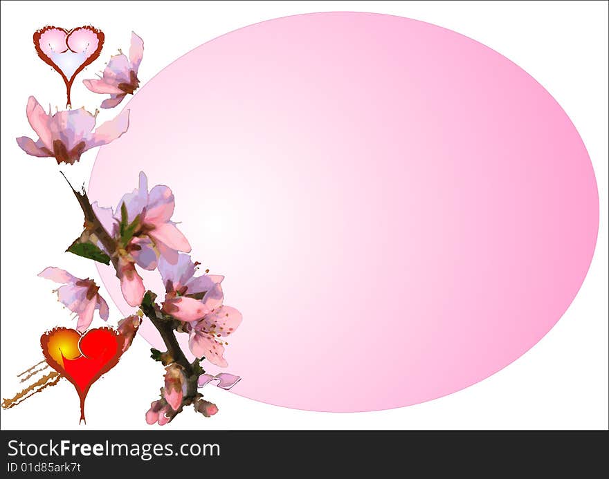 Hearts, flowering branch and pink oval on a white background. Hearts, flowering branch and pink oval on a white background.