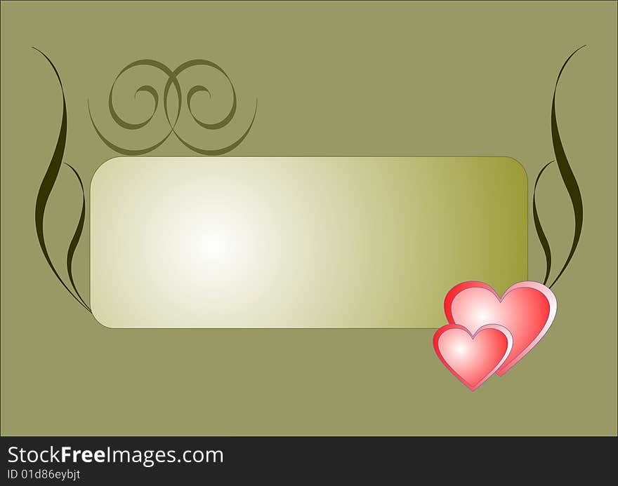 Two red hearts and abstract scrolls on a khaki background. Two red hearts and abstract scrolls on a khaki background.