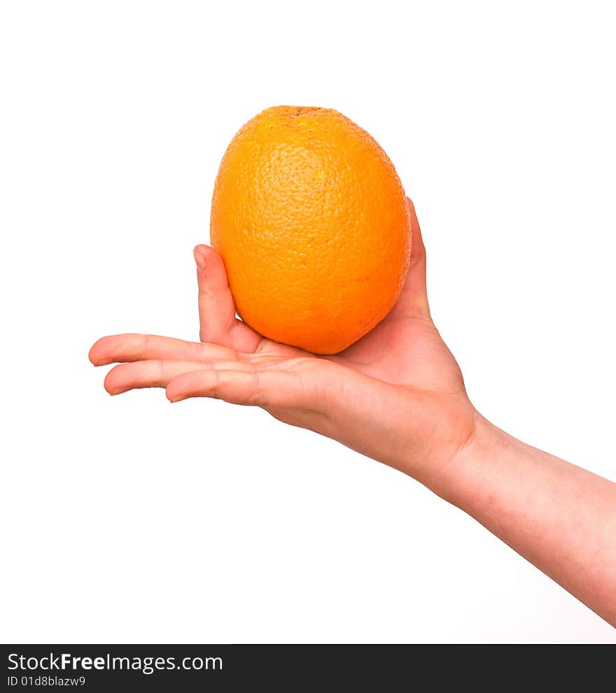 Hand with an orange isolated on white background