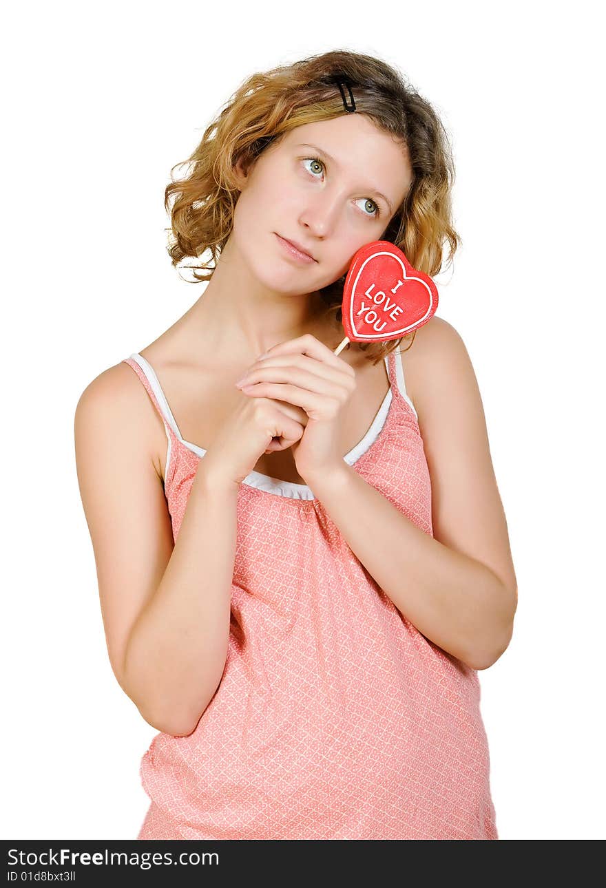 Girl With Red Heart Shaped Candy