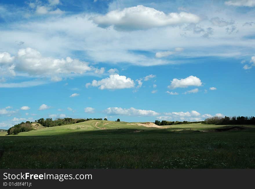 Grassland in Inner Mongolia on the summer sky - blue sky and white clouds.