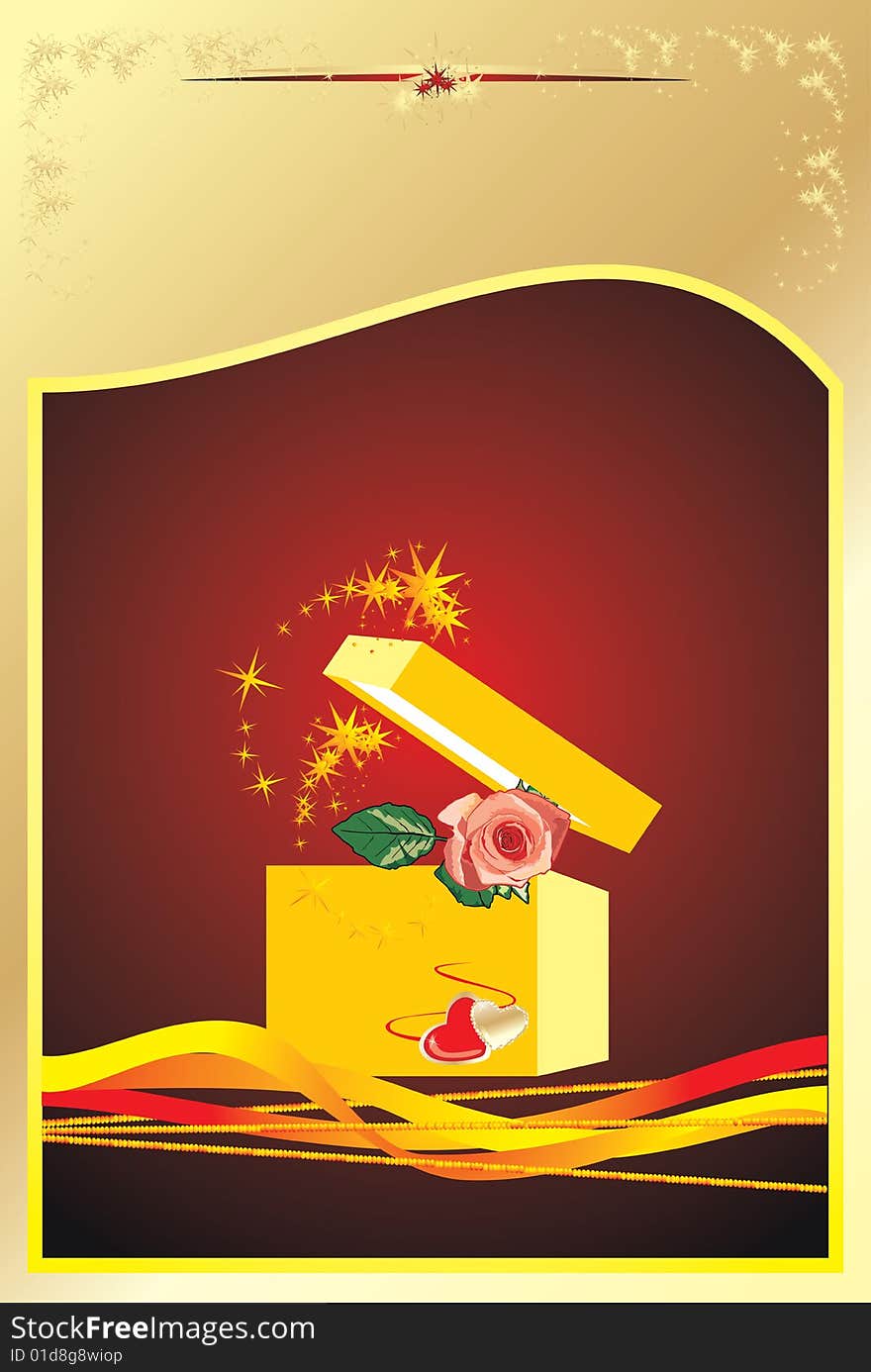 Rose in a gift box. Background for card. Vector illustration