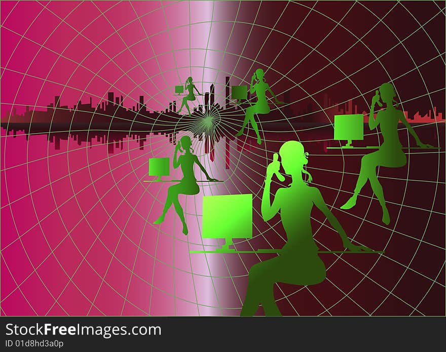 Multiplied silhouette of businesswoman on phone at office desk symbolizing a communication network. Multiplied silhouette of businesswoman on phone at office desk symbolizing a communication network