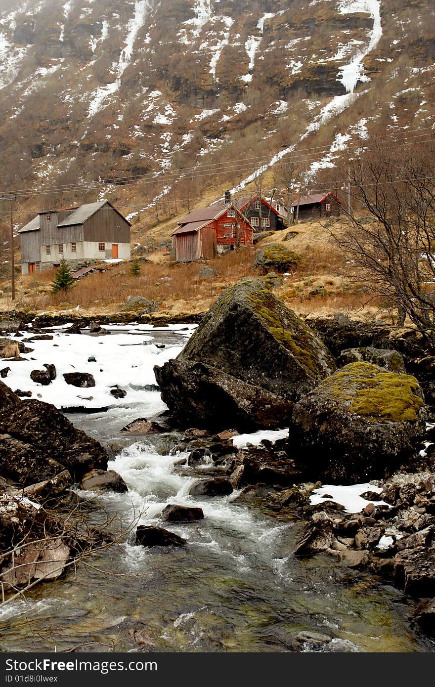 Norway tipical rural hut and river lanscape