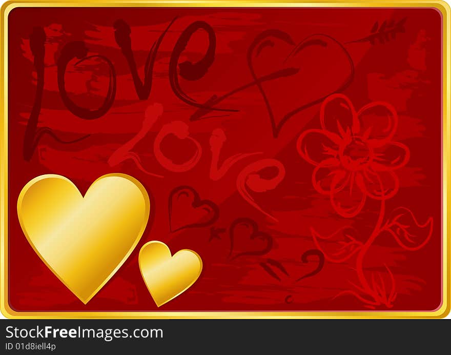 Beautiful Valentines Day Background with Gold Heart and Hand-drawing Symbols. Additional vector format in EPS (v.8).