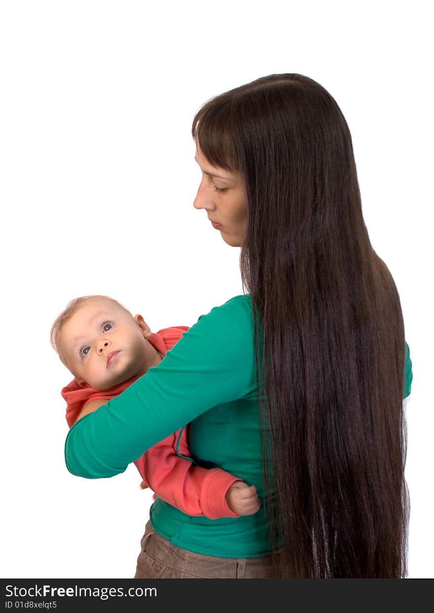 Happy baby with mom isolated on white