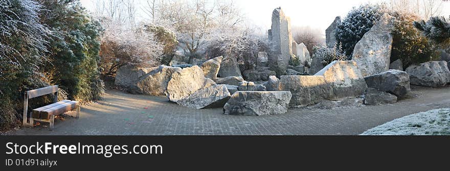 Scenic View of stones garden in the Modern art museum garden of Dunkerque on a morning frost. Scenic View of stones garden in the Modern art museum garden of Dunkerque on a morning frost