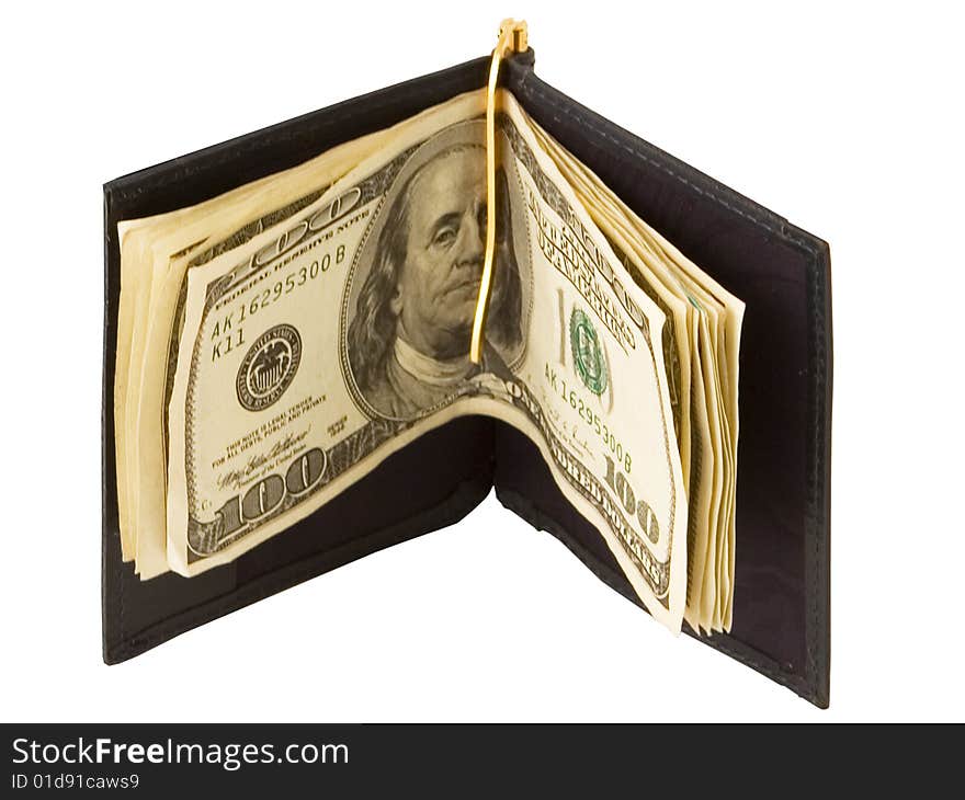 Leather wallet with money on white background