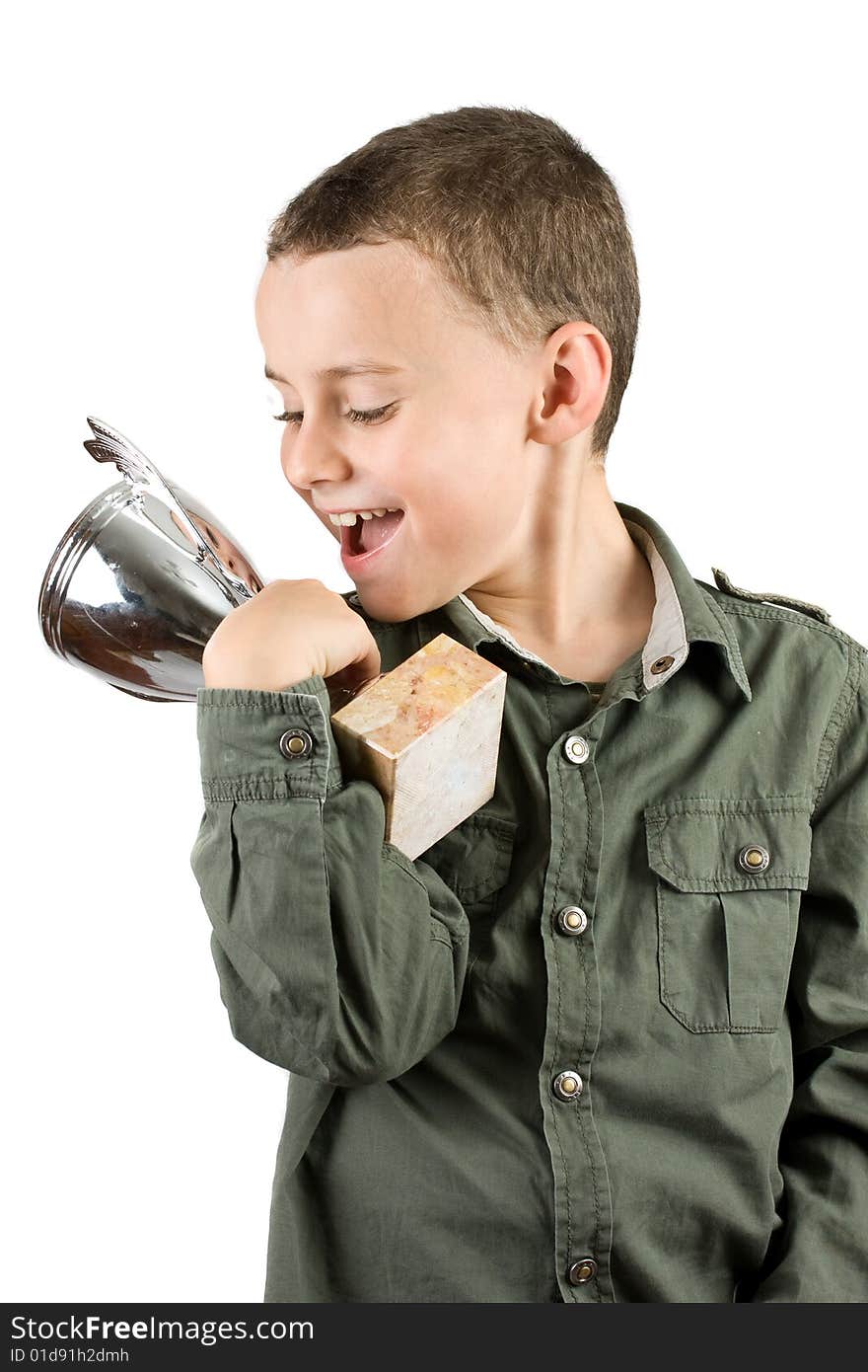 Smiling champion with his trophy, isolated on white