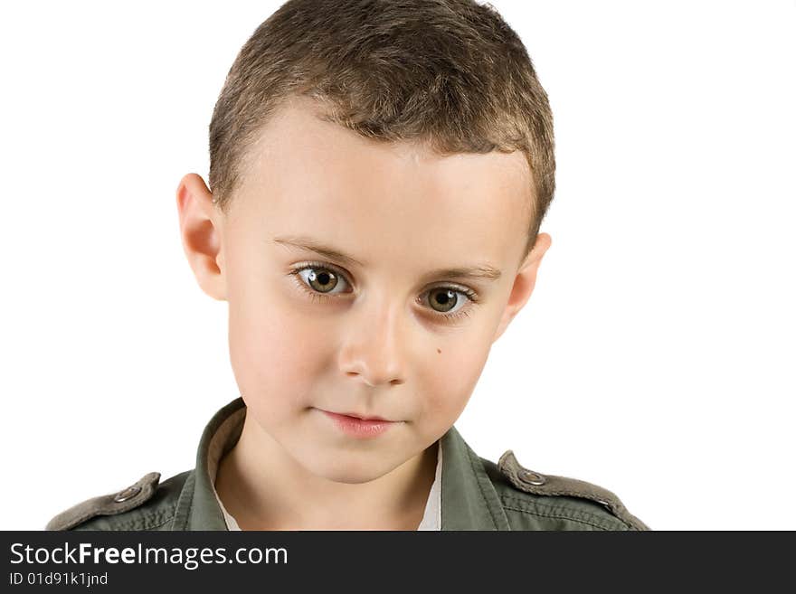 Portrait of a pensive child isolated on white