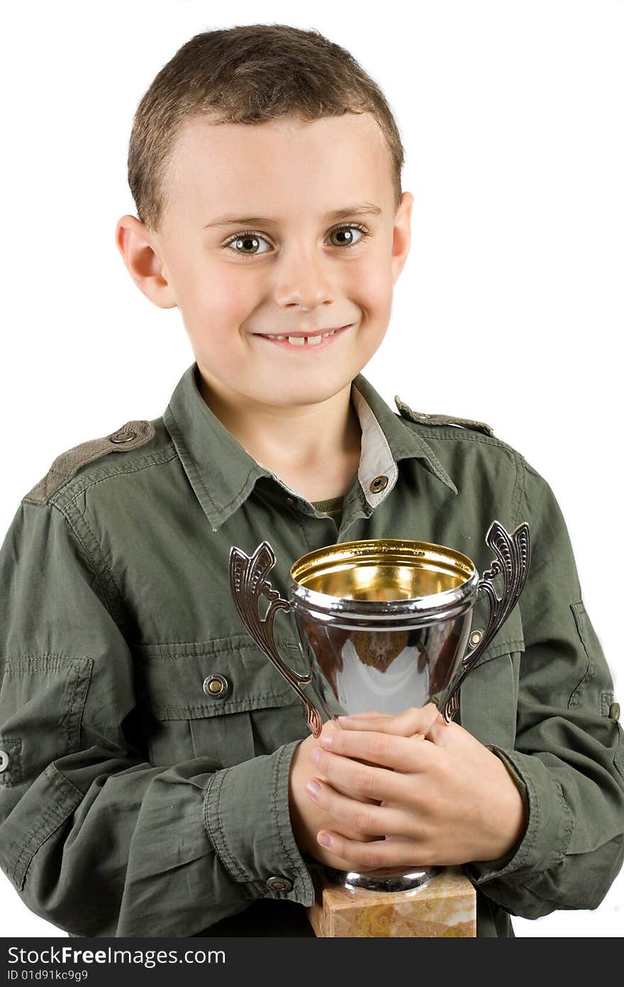 Smiling champion with his trophy, isolated on white