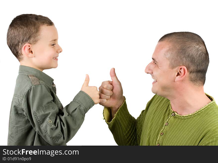 Father and son showing ok sign, isolated on white