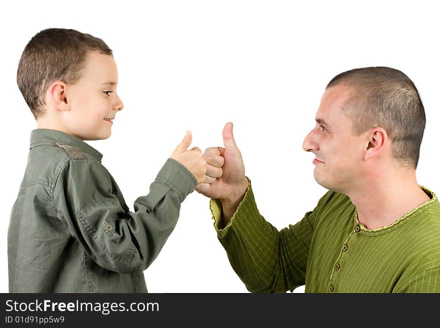 Father and son showing ok sign, isolated on white