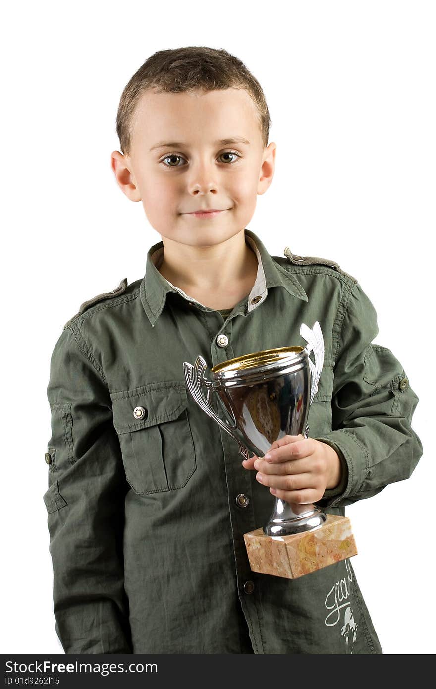 Smiling champion with his trophy, isolated on white