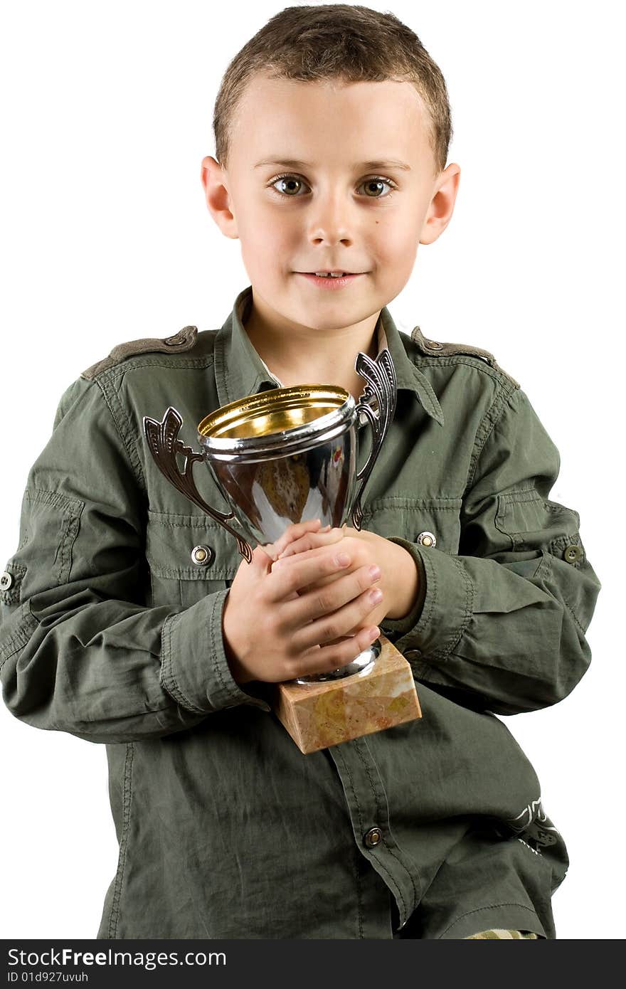 Smiling champion with his trophy, isolated on white