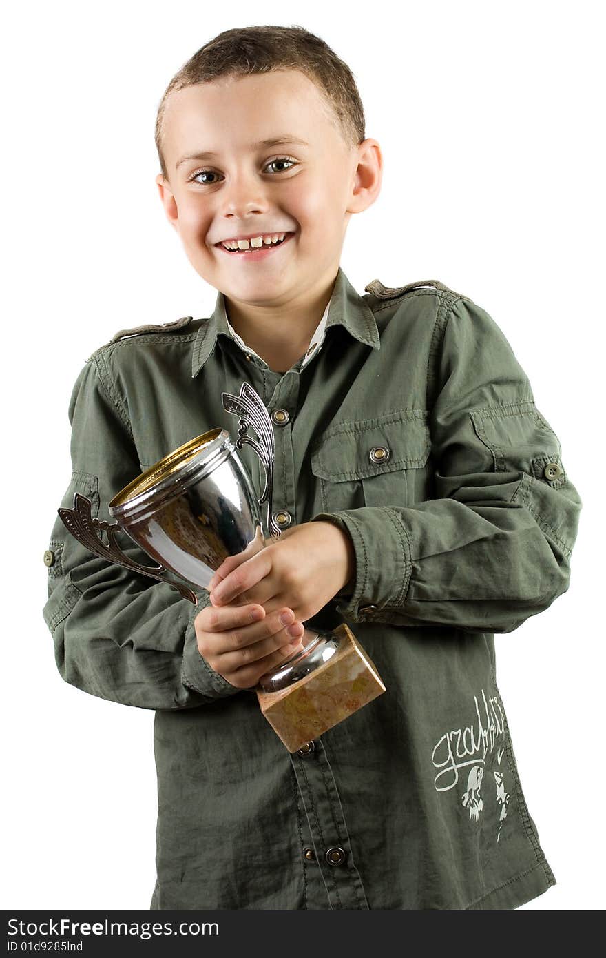 Smiling champion with his trophy, isolated on white