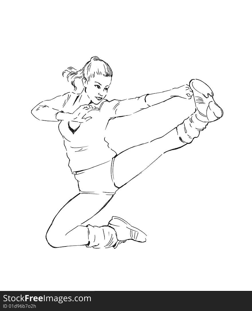 Jumping girl illustration, martial art