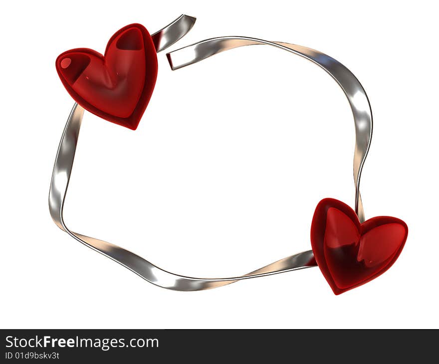 3d illustration of two hearts and silver ribbon, frame or background. 3d illustration of two hearts and silver ribbon, frame or background