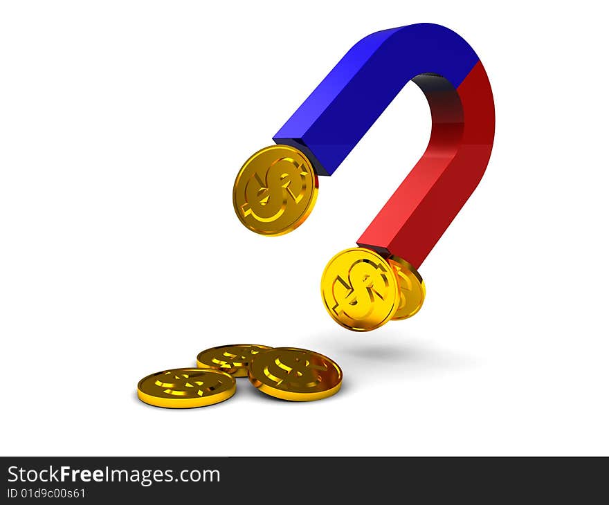 3d illustration of magnet and coins on it. 3d illustration of magnet and coins on it