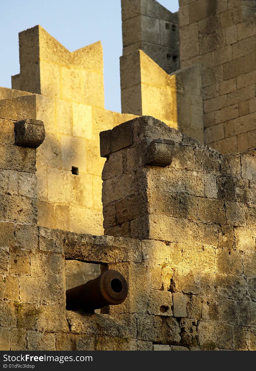 Famous medieval city walls in Rhodes, Greece