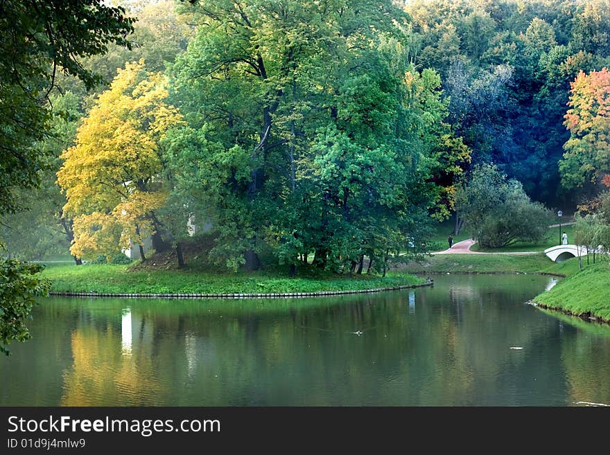 A view of a park lake with fog in autumn. A view of a park lake with fog in autumn