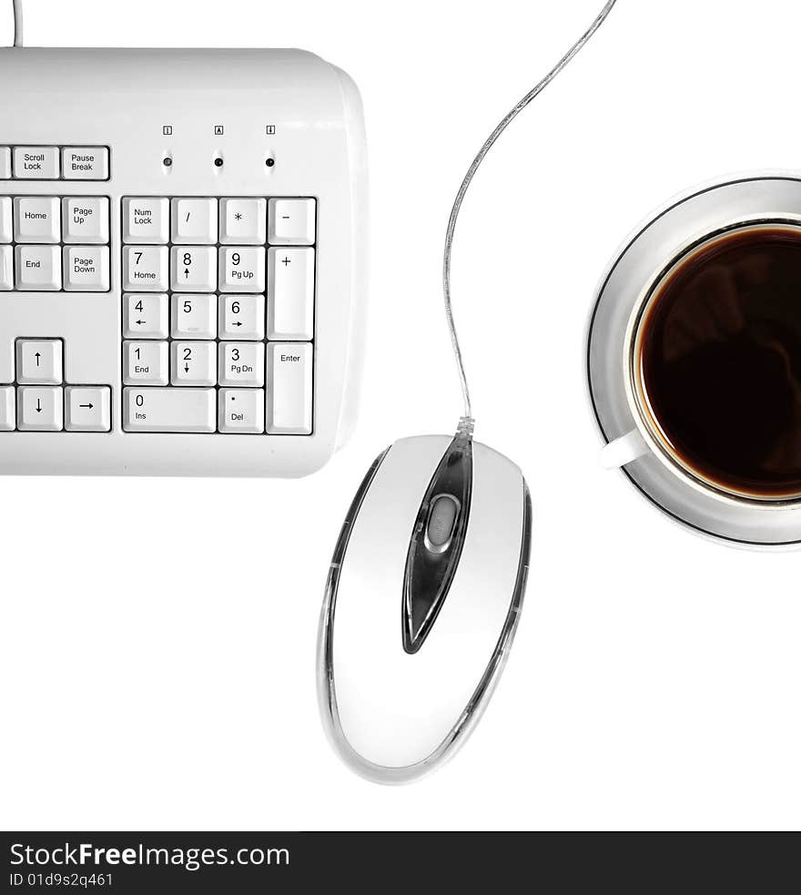 Coffee, keyboard, mouse on white background. Workplace.