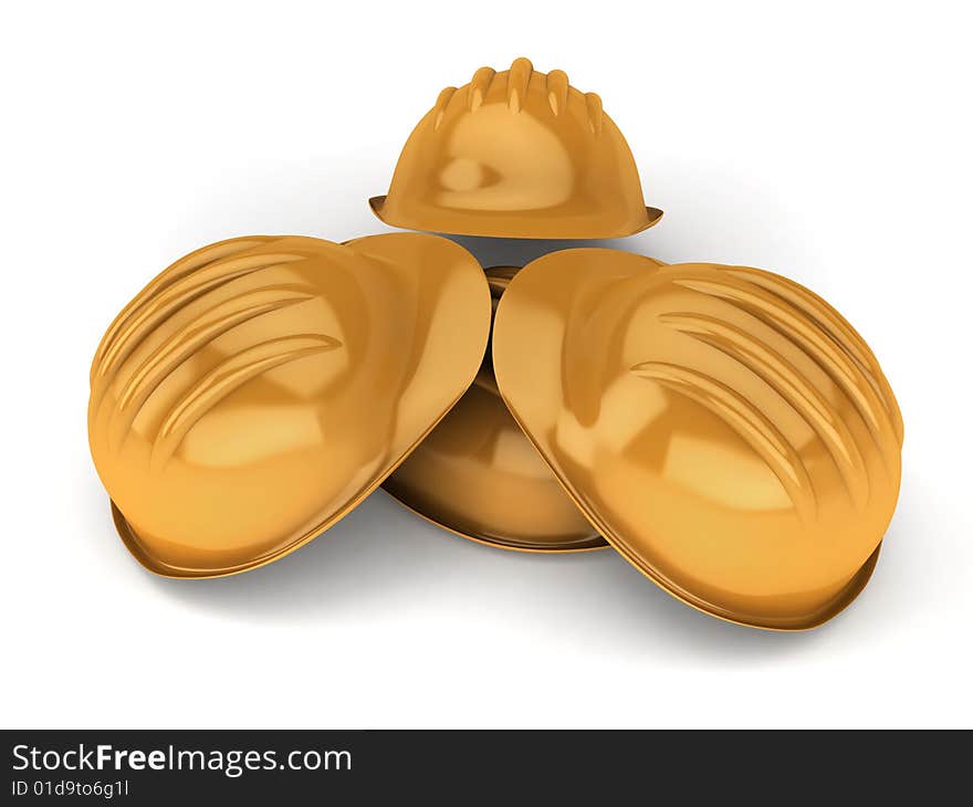 Many light brown hard hat isolated on white background