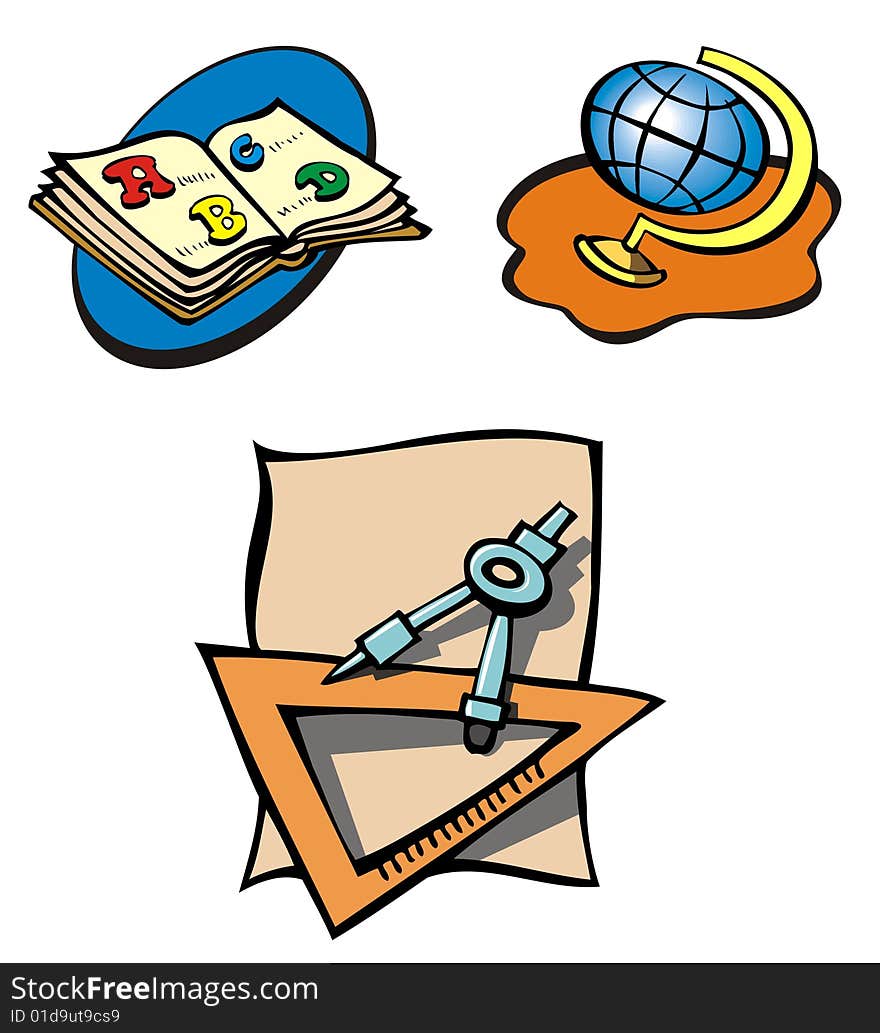 Set of educational objects, book, globe and compass, cartoon, vector illustration