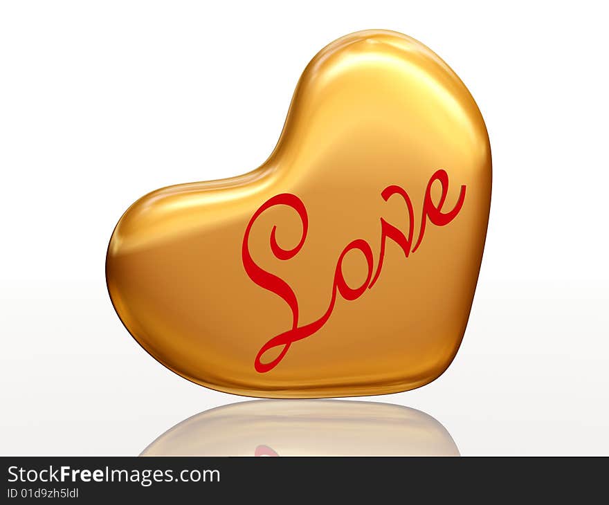 3d golden heart, red letters, text - Love, isolated. 3d golden heart, red letters, text - Love, isolated